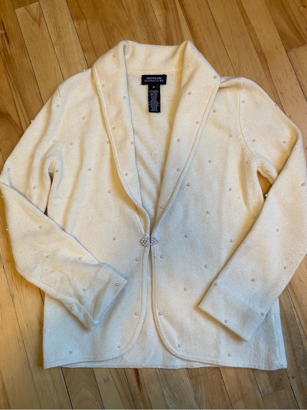 Jones New York Signature Cream Knit Sweater Lambswool Blend Pearl Details Size M